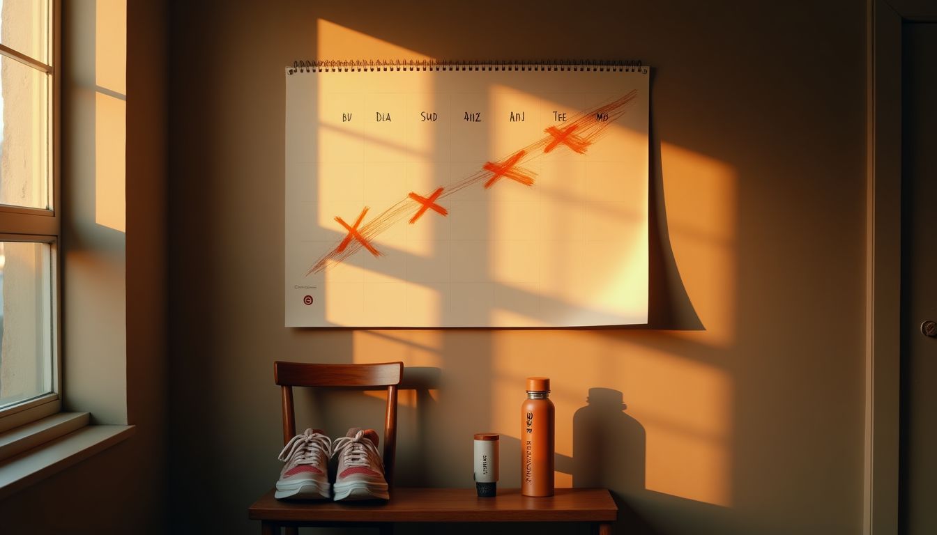 Person in warm ember morning light marking an X on a wall calendar beside a pair of trainers — habit building