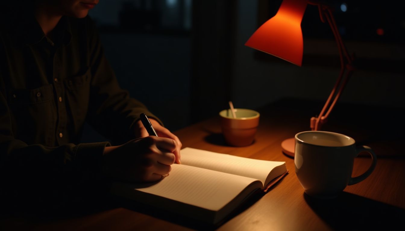 Open notebook and pen on a dark desk lit by a single warm ember lamp — focus and motivation