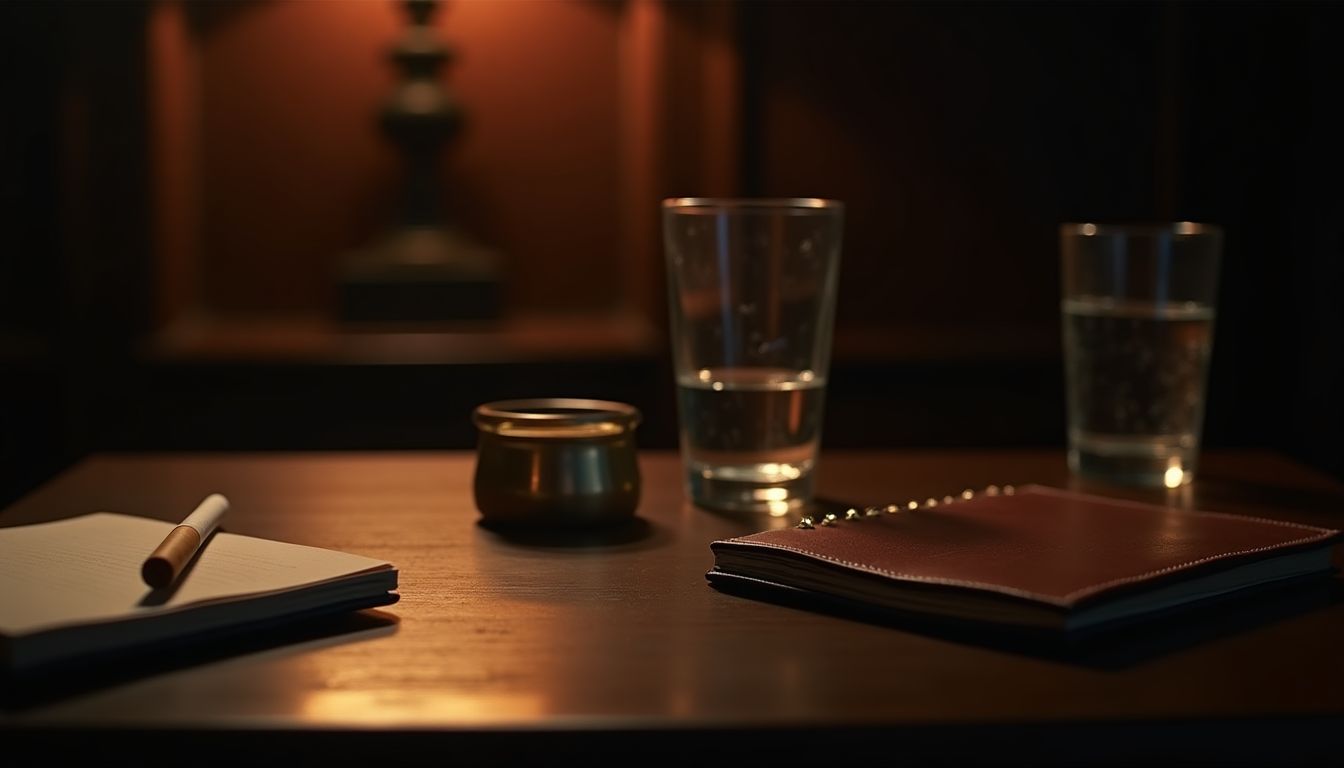 Ember-lit still life of a cigarette pack set aside with a water glass and a coin jar on dark wood — quitting support